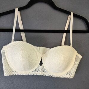 Jessica Simpson Cream Lace Longline Balconette Bra 36C Underwire Floral White